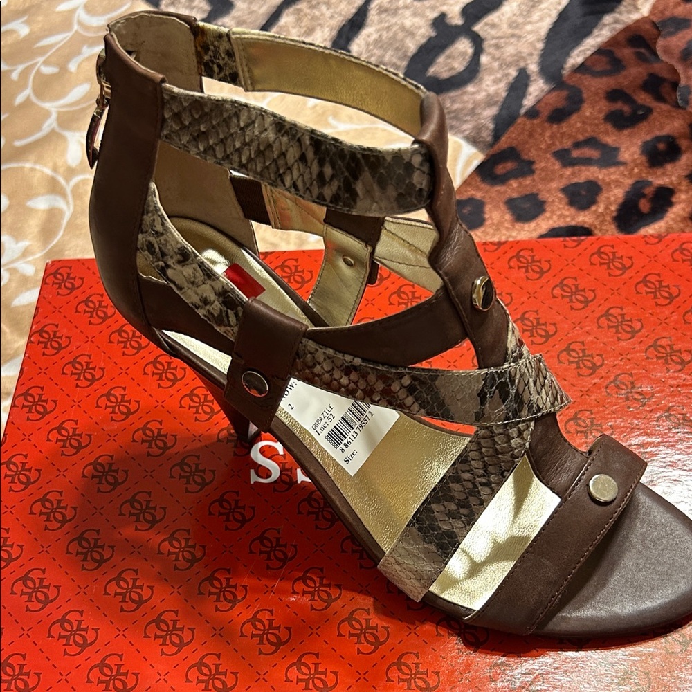 Guess Brown and Tan Snakeskin Heels